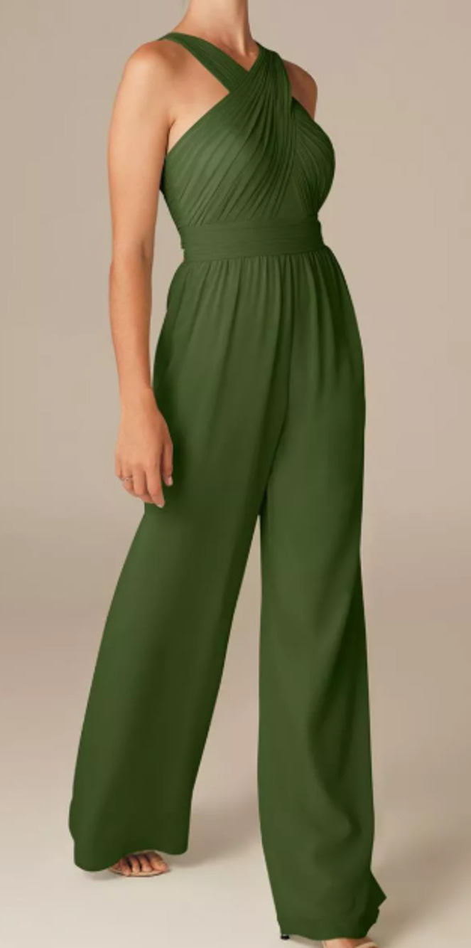 NWT AW BRIDAL sz 6 S green olive chiffon Lorraine party wide leg jumpsuit